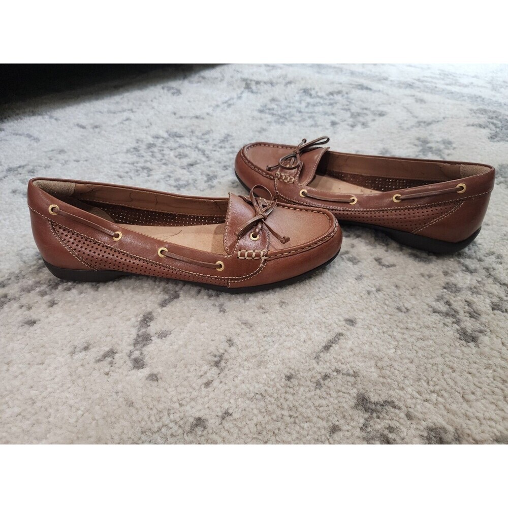 Clarks Women's Dunbar Racer Loafer 8.5 M Slip On Boat Shoe Tan Cognac Leather